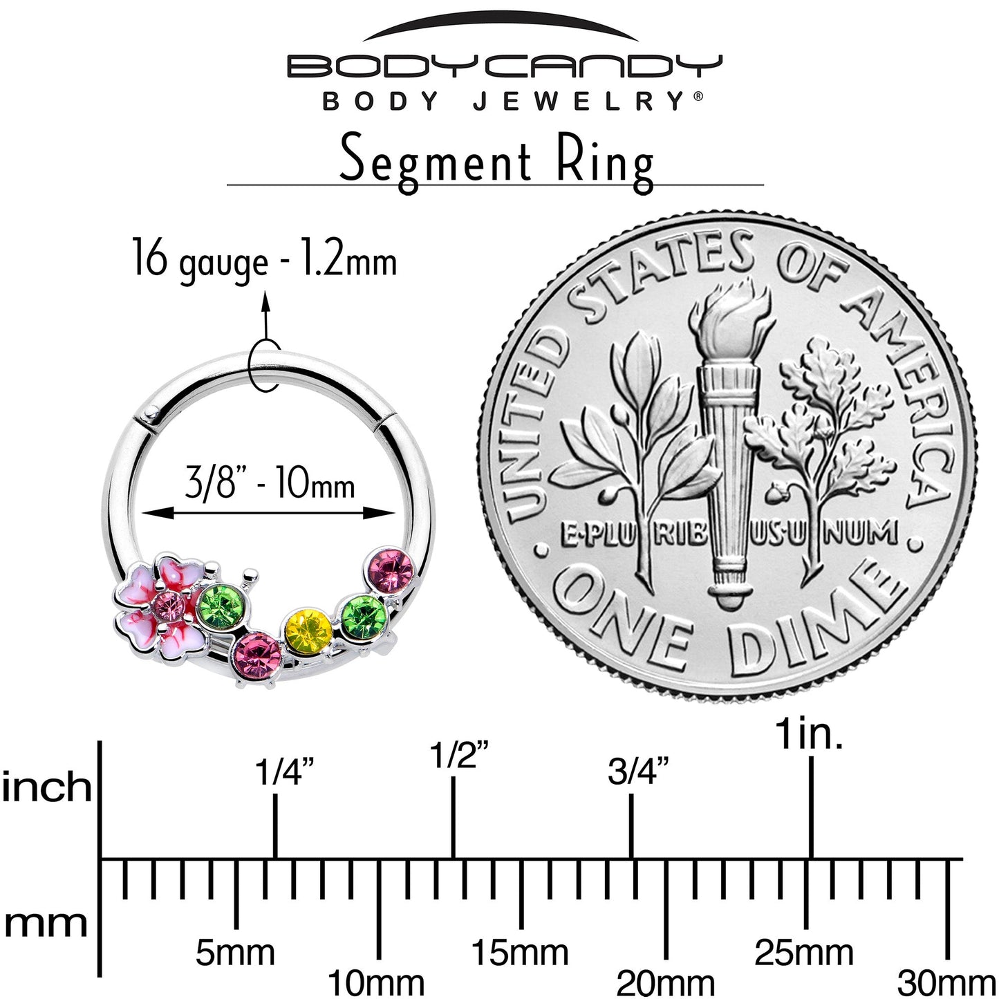 16G 3/8 Green Pink CZ Gem Caterpillar Flower Hinged Segment Ring