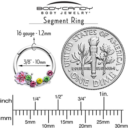 16G 3/8 Green Pink CZ Gem Caterpillar Flower Hinged Segment Ring