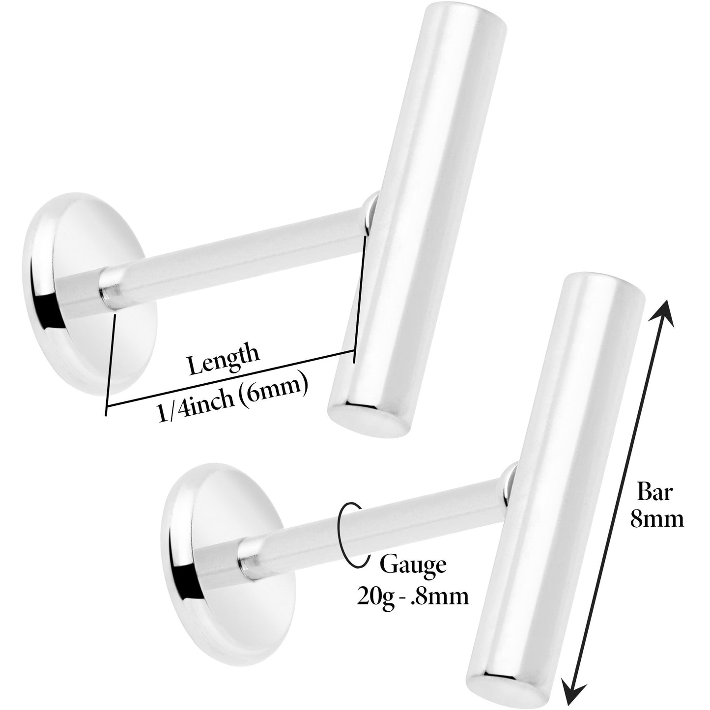 316L Surgical Steel Straight Barbell Flat Back Stud Earrings - 1 Pair