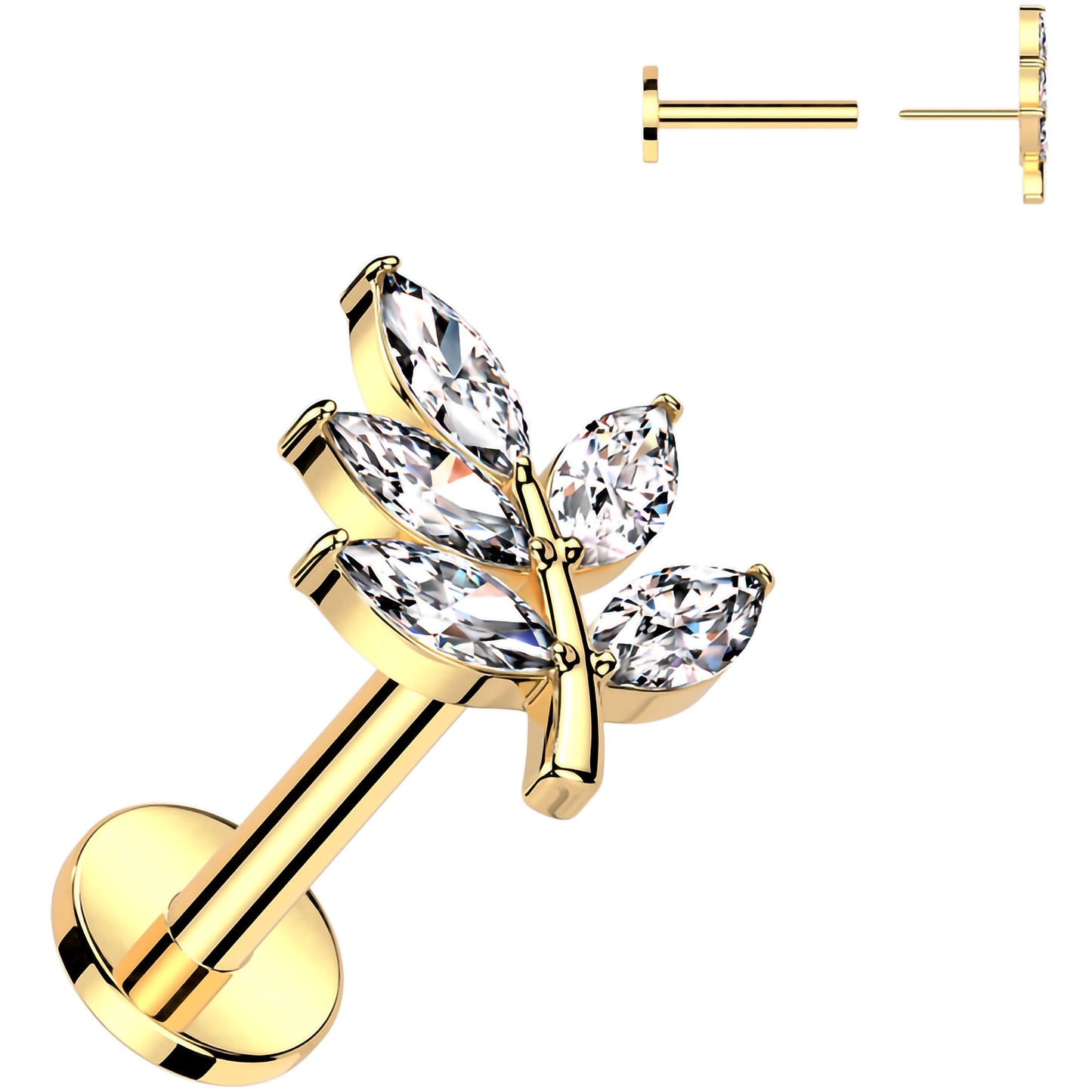Gold Tone Surgical Steel Flat Back Earring - 16G With Cubic Zirconia Leaves