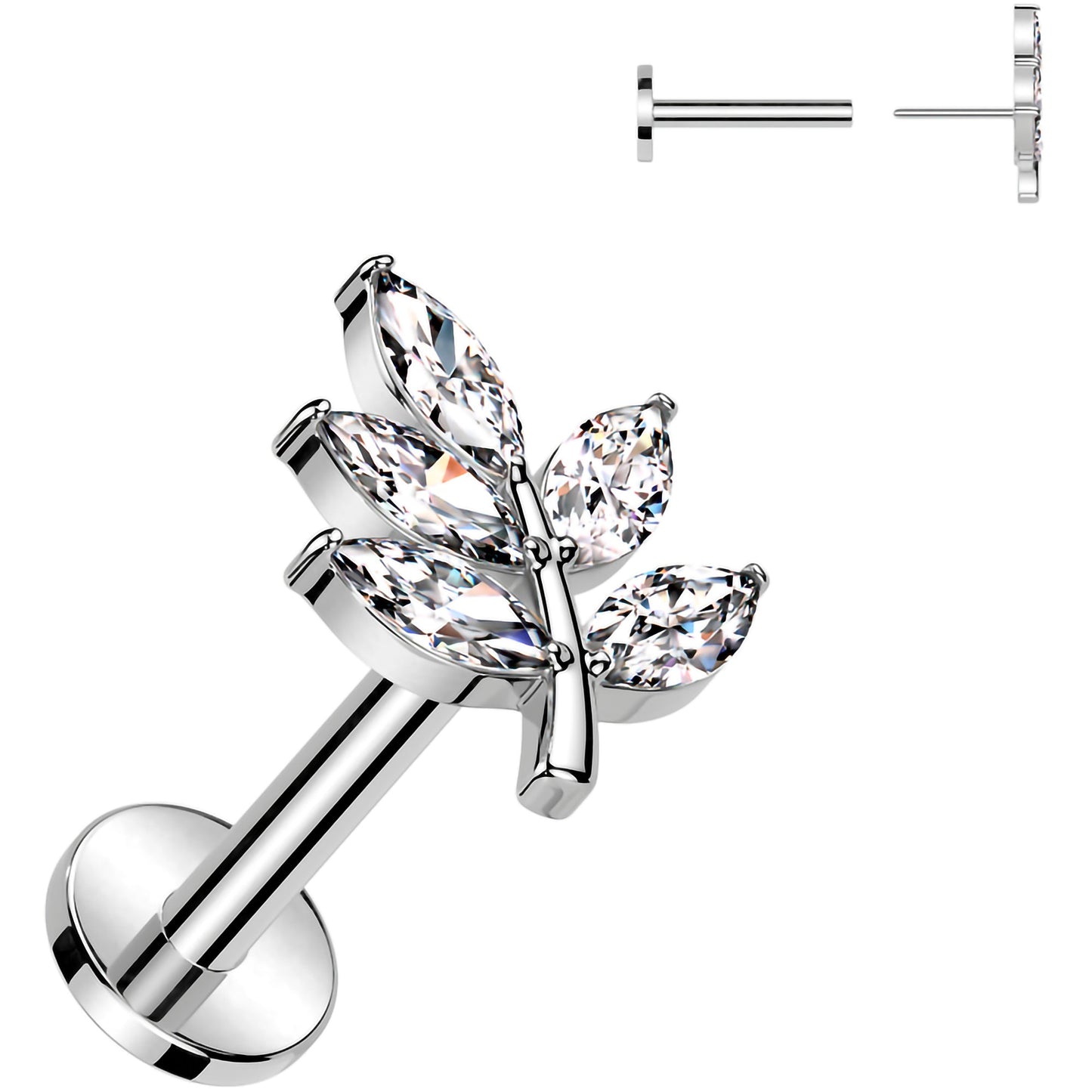 Surgical Steel Flat Back Earring - 16G With Cubic Zirconia Leaves