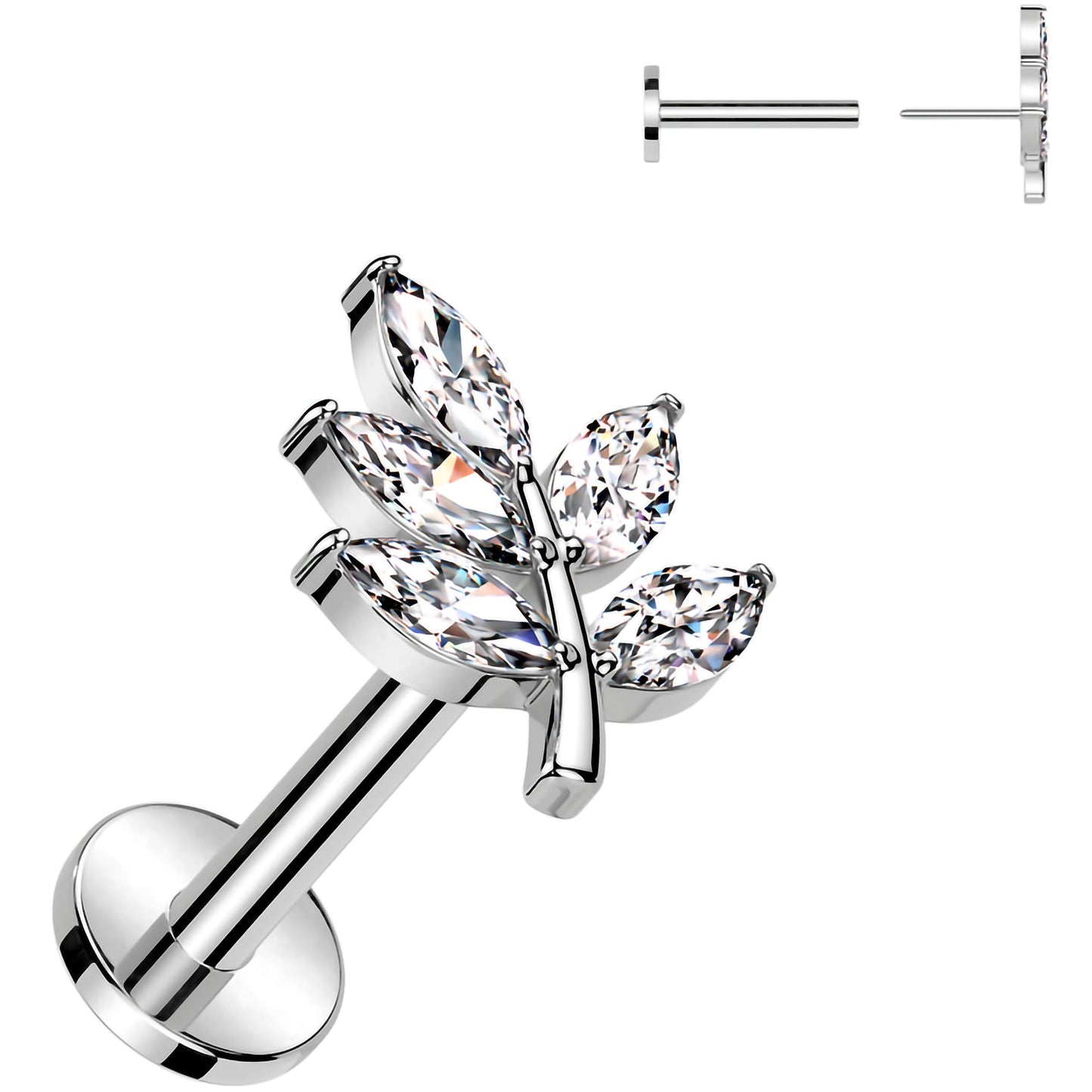 Surgical Steel Flat Back Earring - 18G With Cubic Zirconia Leaves