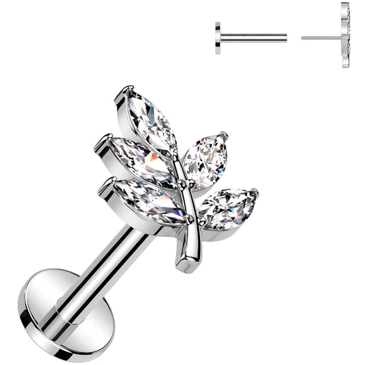 Surgical Steel Flat Back Earring - 18G With Cubic Zirconia Leaves