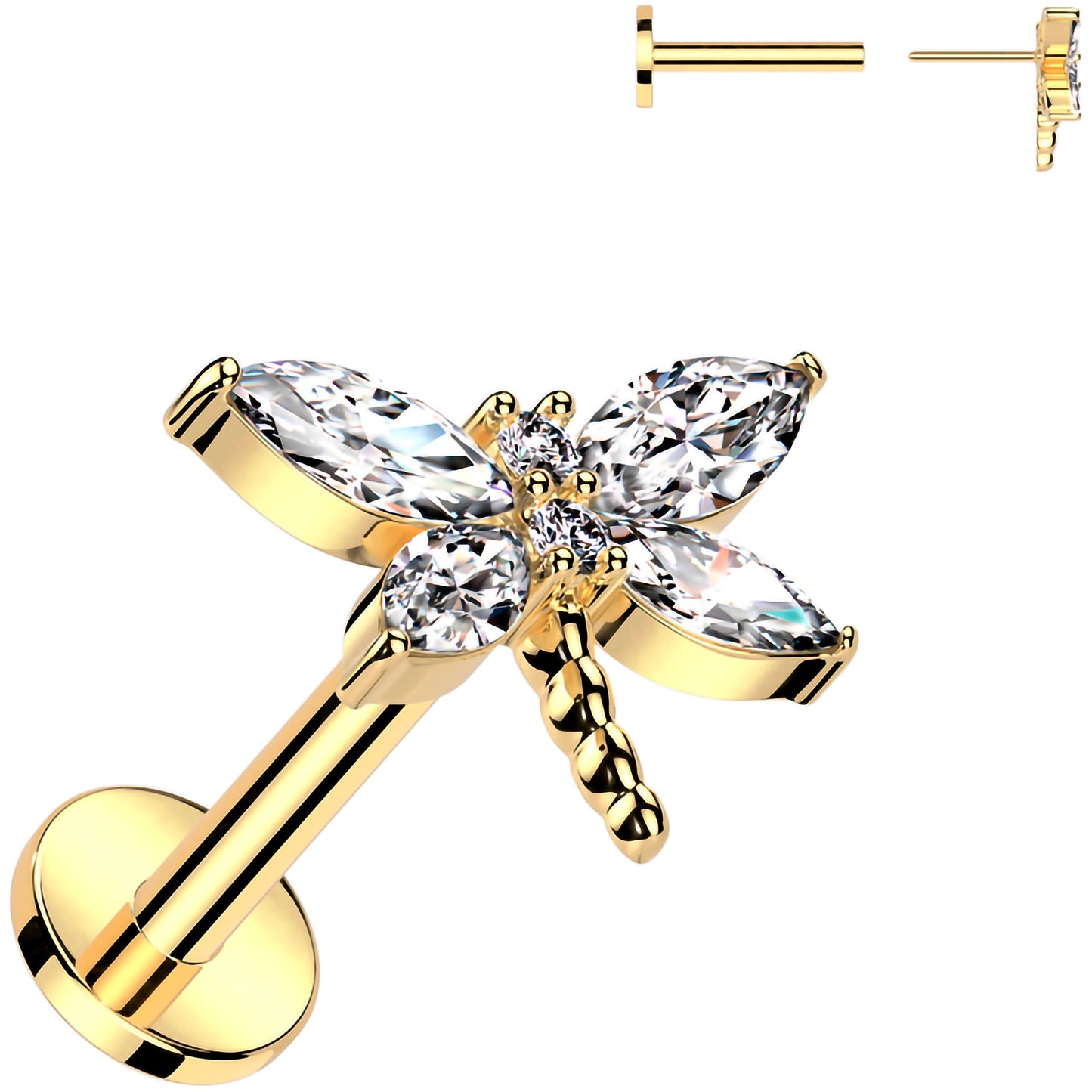 Gold Tone Surgical Steel Flat Back Earring - 16G With Cubic Zirconia Dragonfly