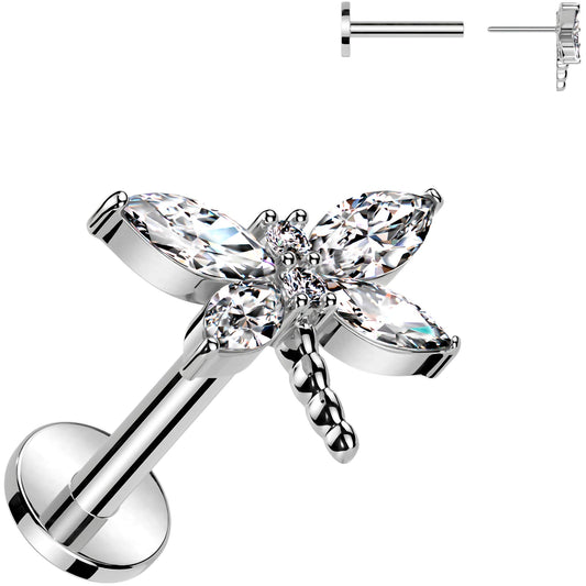 Surgical Steel Flat Back Earring - 16G With Cubic Zirconia Dragonfly