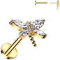 Gold Tone Surgical Steel Flat Back Earring - 18G With Cubic Zirconia Dragonfly