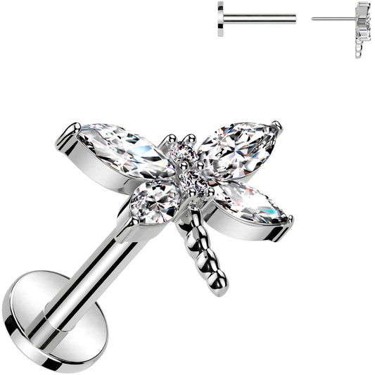Surgical Steel Flat Back Earring - 18G With Cubic Zirconia Dragonfly