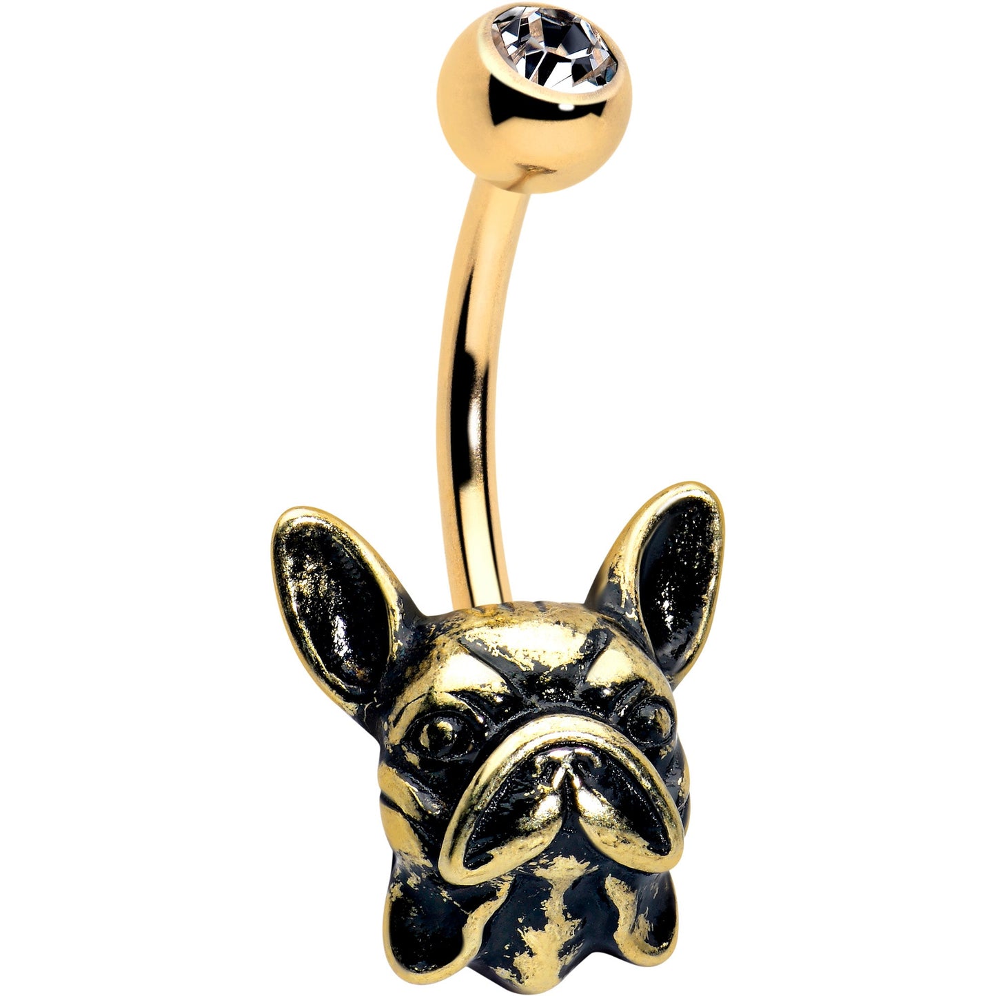 Clear CZ Gem Gold Tone Anodized French Bulldog Belly Ring
