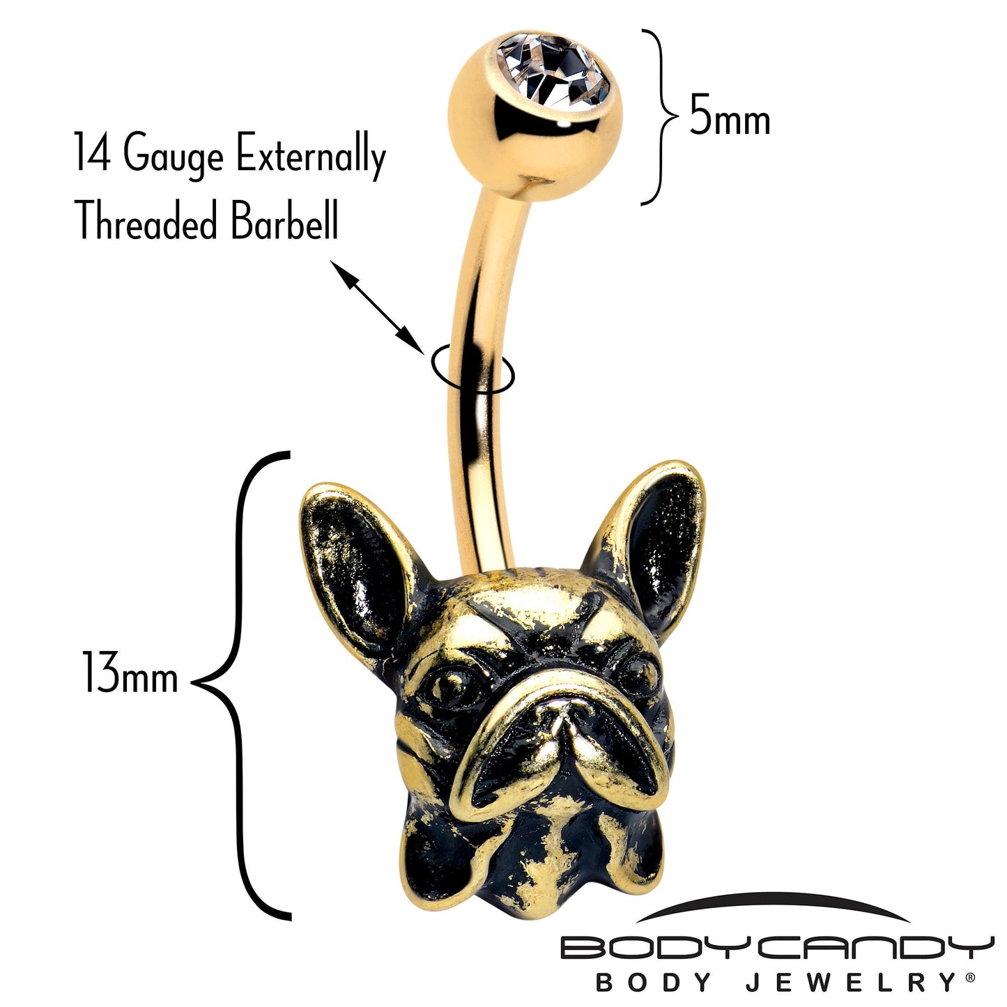 Clear CZ Gem Gold Tone Anodized French Bulldog Belly Ring