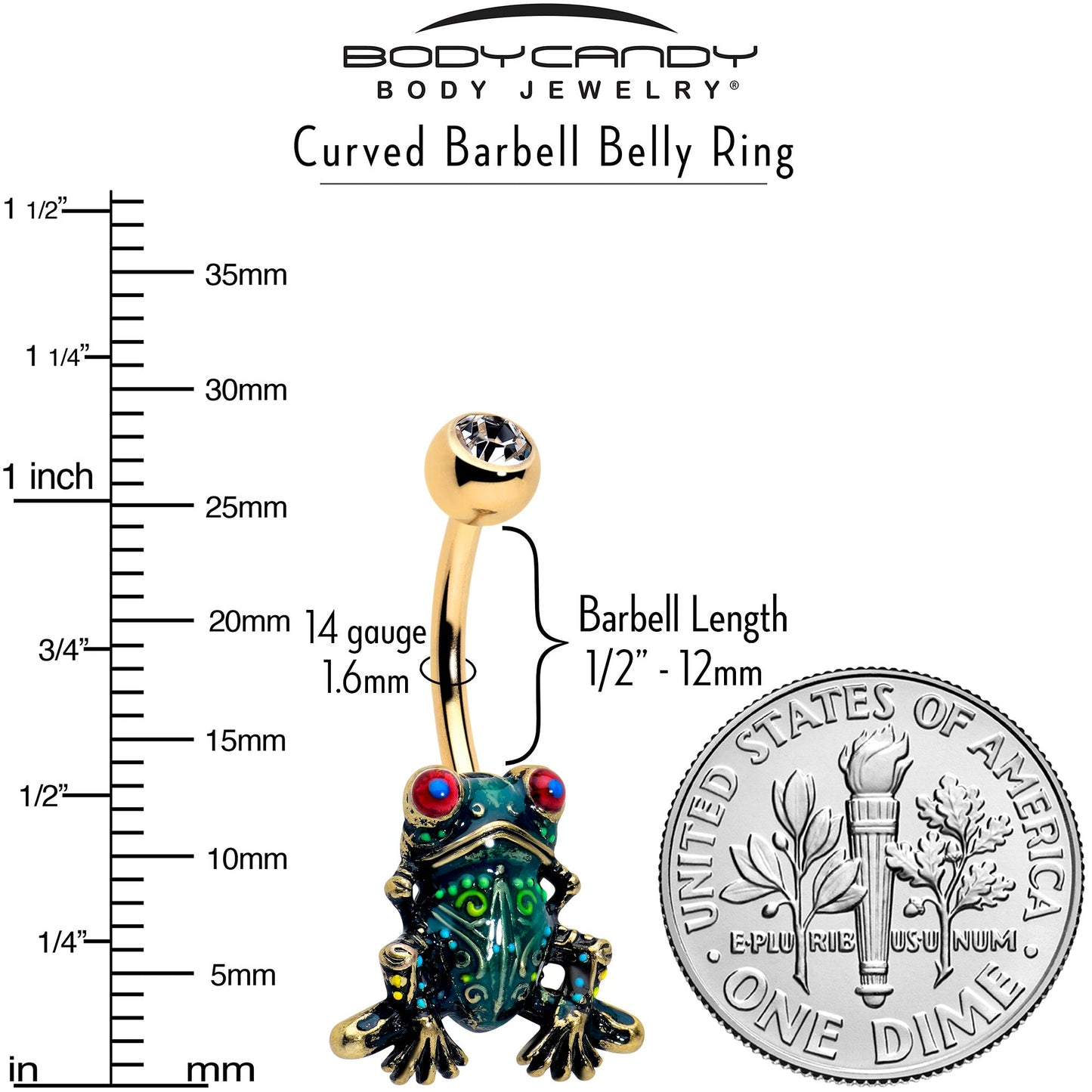 Clear CZ Gem Gold Tone Anodized Colorful Tree Frog Belly Ring
