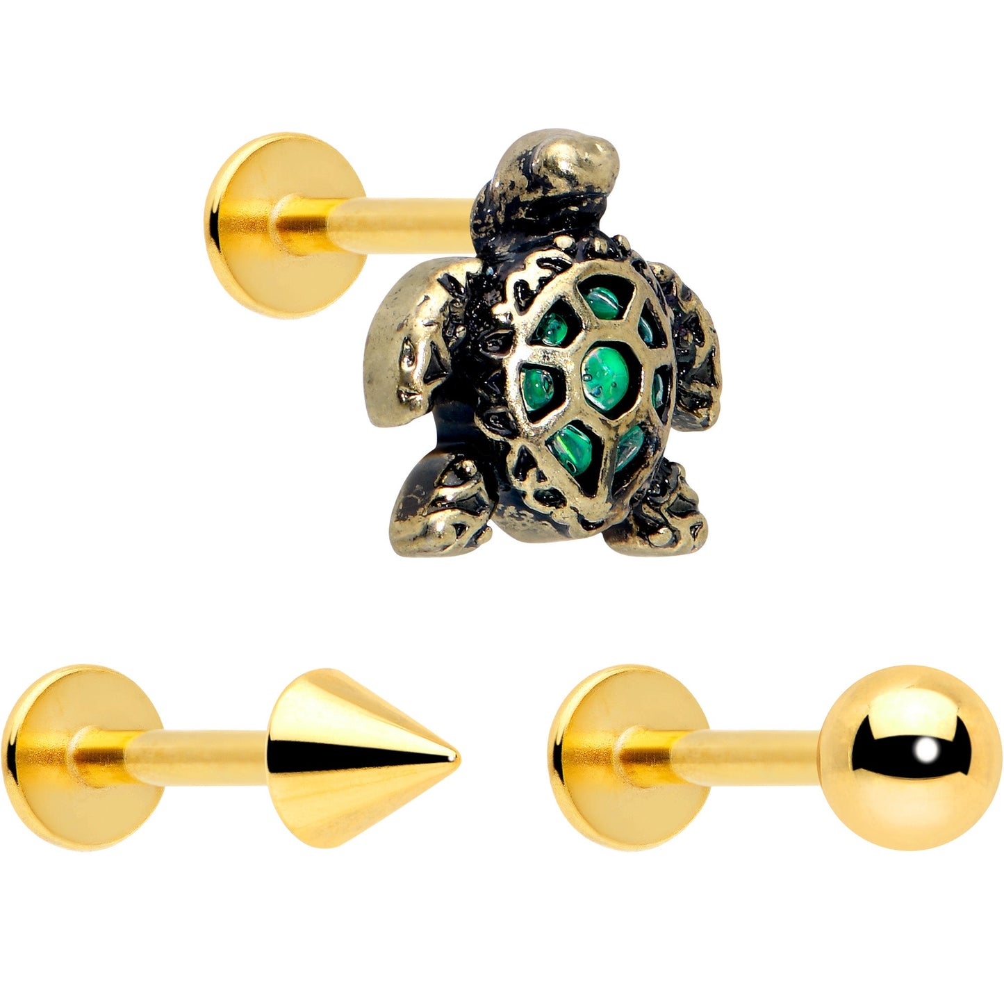 16G Sea Turtle Flat Back Earring Set Internally Threaded 3 Pack