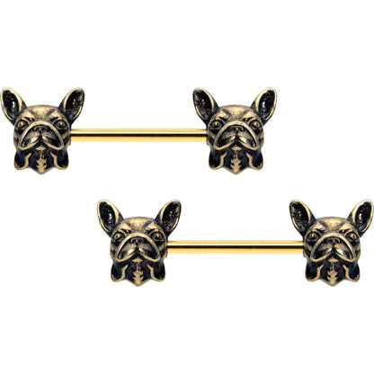 14G 5/8 Gold Tone Anodized French Bulldog Barbell Nipple Ring Set
