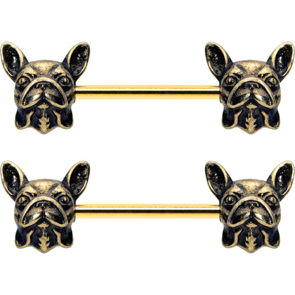 14G 5/8 Gold Tone Anodized French Bulldog Barbell Nipple Ring Set