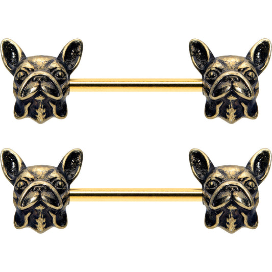 14G 5/8 Gold Tone Anodized French Bulldog Barbell Nipple Ring Set
