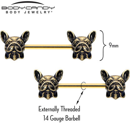 14G 5/8 Gold Tone Anodized French Bulldog Barbell Nipple Ring Set