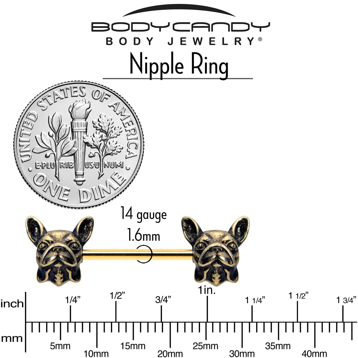 14G 5/8 Gold Tone Anodized French Bulldog Barbell Nipple Ring Set