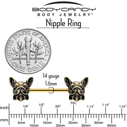 14G 5/8 Gold Tone Anodized French Bulldog Barbell Nipple Ring Set