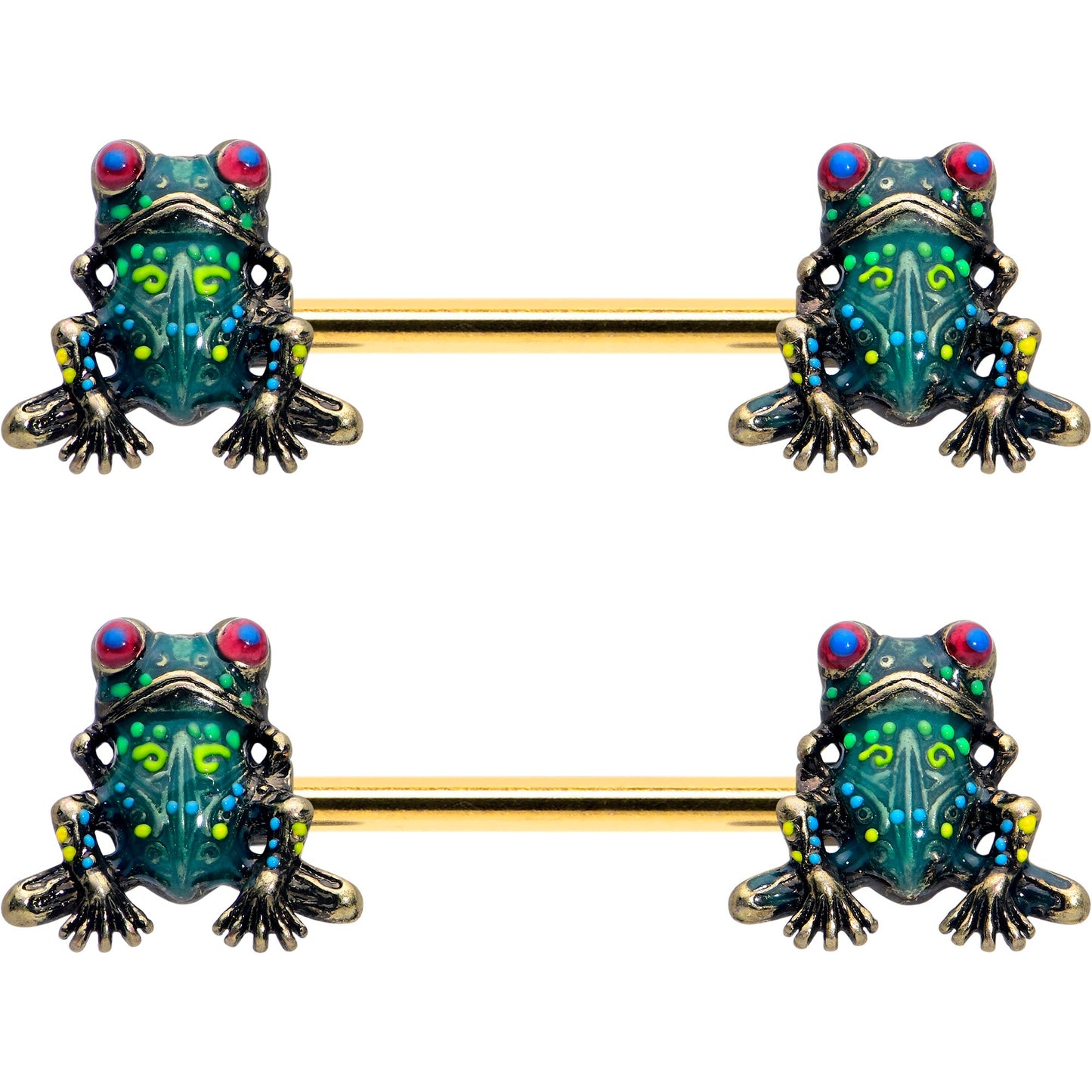14G 5/8 Gold Tone Anodized Colorful Tree Frog Nipple Ring Set