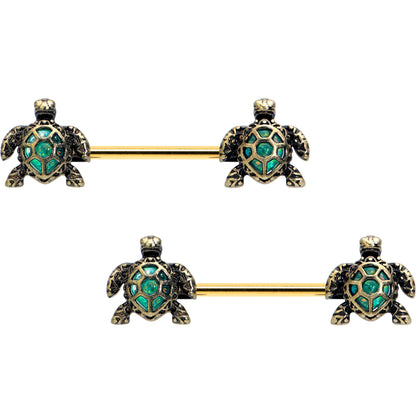 14G 5/8 Gold Tone Anodized Sea Turtle Style Barbell Nipple Ring Set