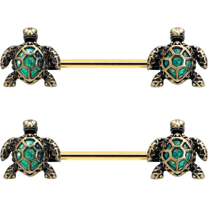 14G 5/8 Gold Tone Anodized Sea Turtle Style Barbell Nipple Ring Set