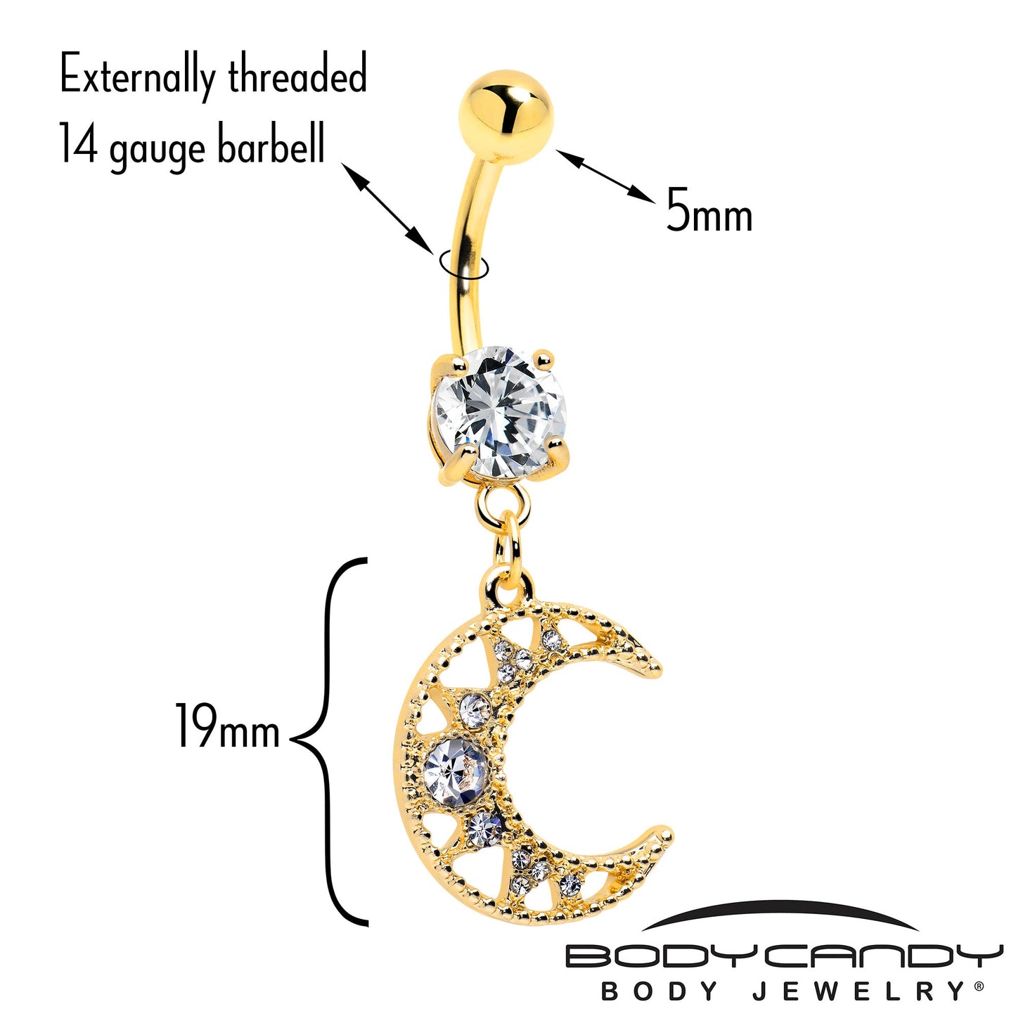 Clear CZ Gem Gold Tone Anodized Crescent Moon Glam Dangle Belly Ring