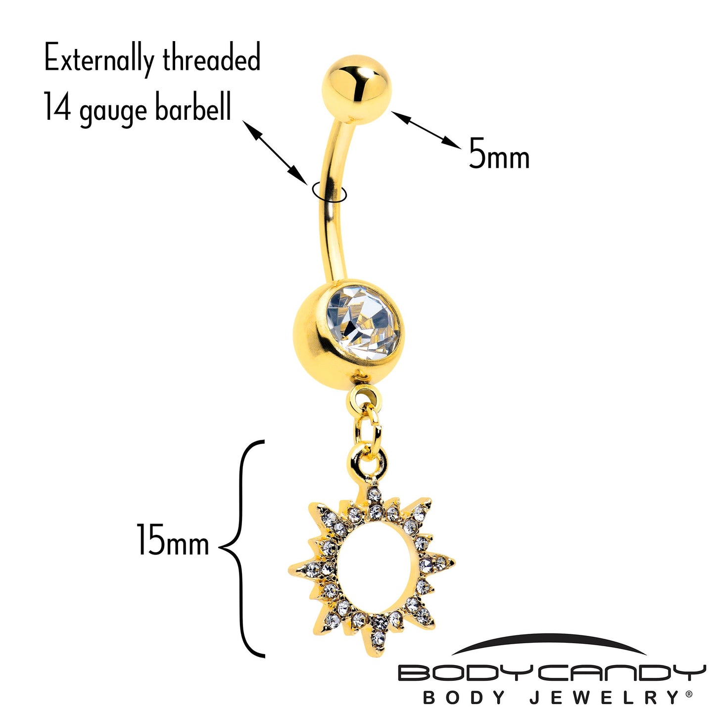Clear CZ Gem Gold Tone Anodized Open Sun Dangle Belly Ring