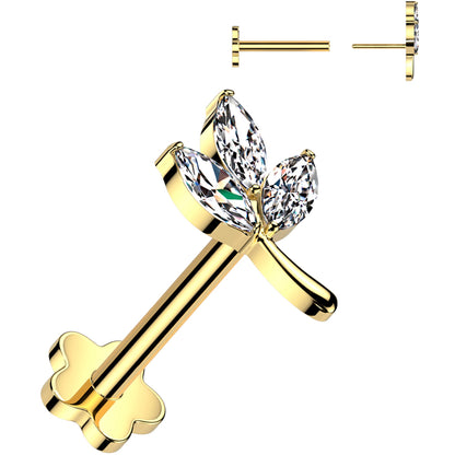 16G 1/4 CZ Gem Leaves Gold PVD Medical Grade Titanium Reversible Flat Back Earring