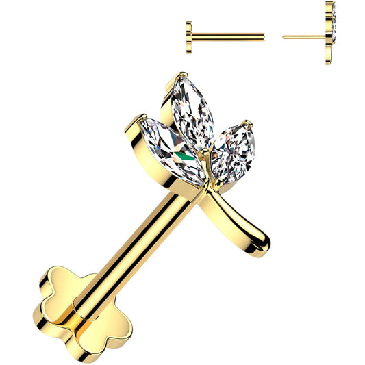 16G 1/4 CZ Gem Leaves Gold PVD Medical Grade Titanium Reversible Flat Back Earring