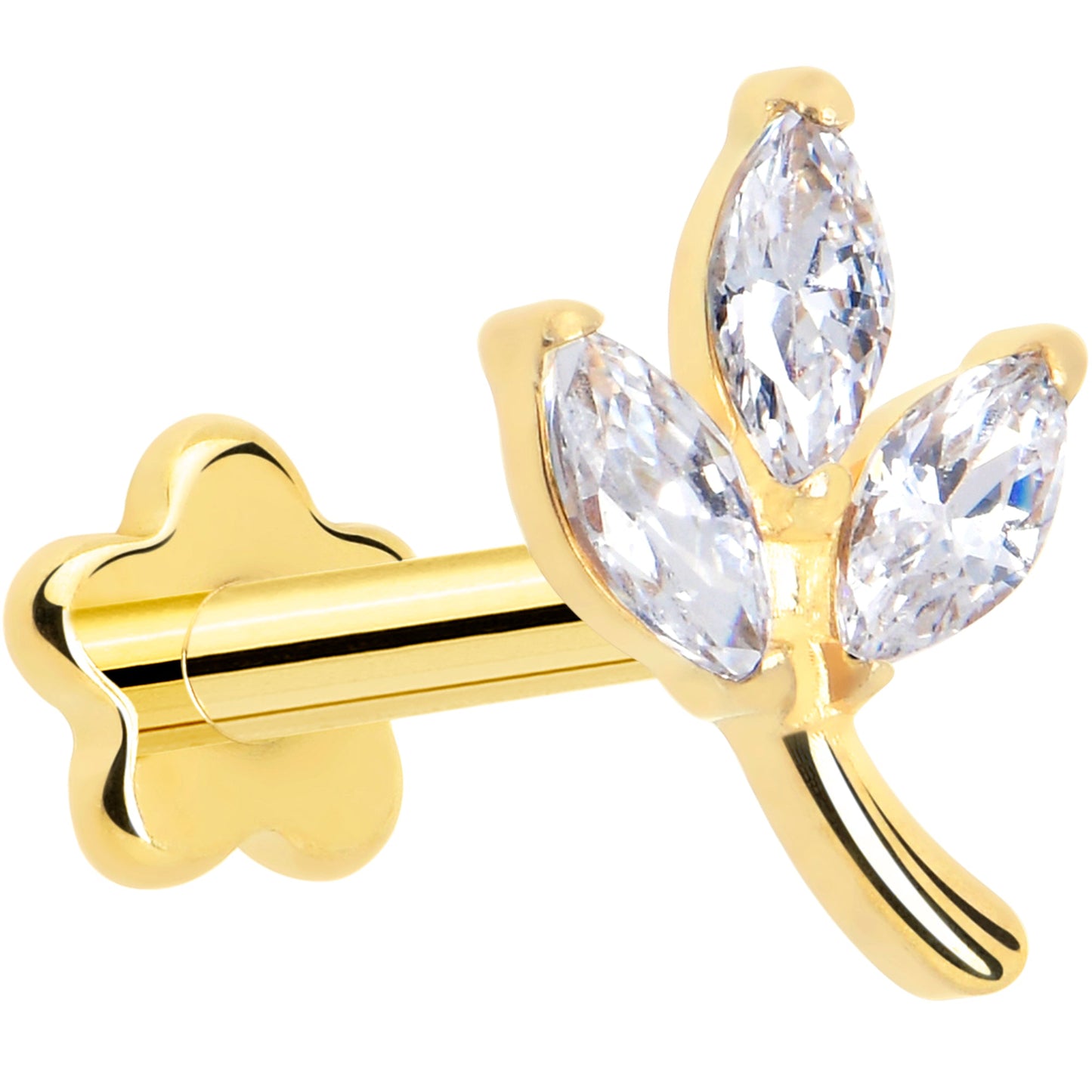 16G 1/4 CZ Gem Leaves Gold PVD Medical Grade Titanium Reversible Flat Back Earring