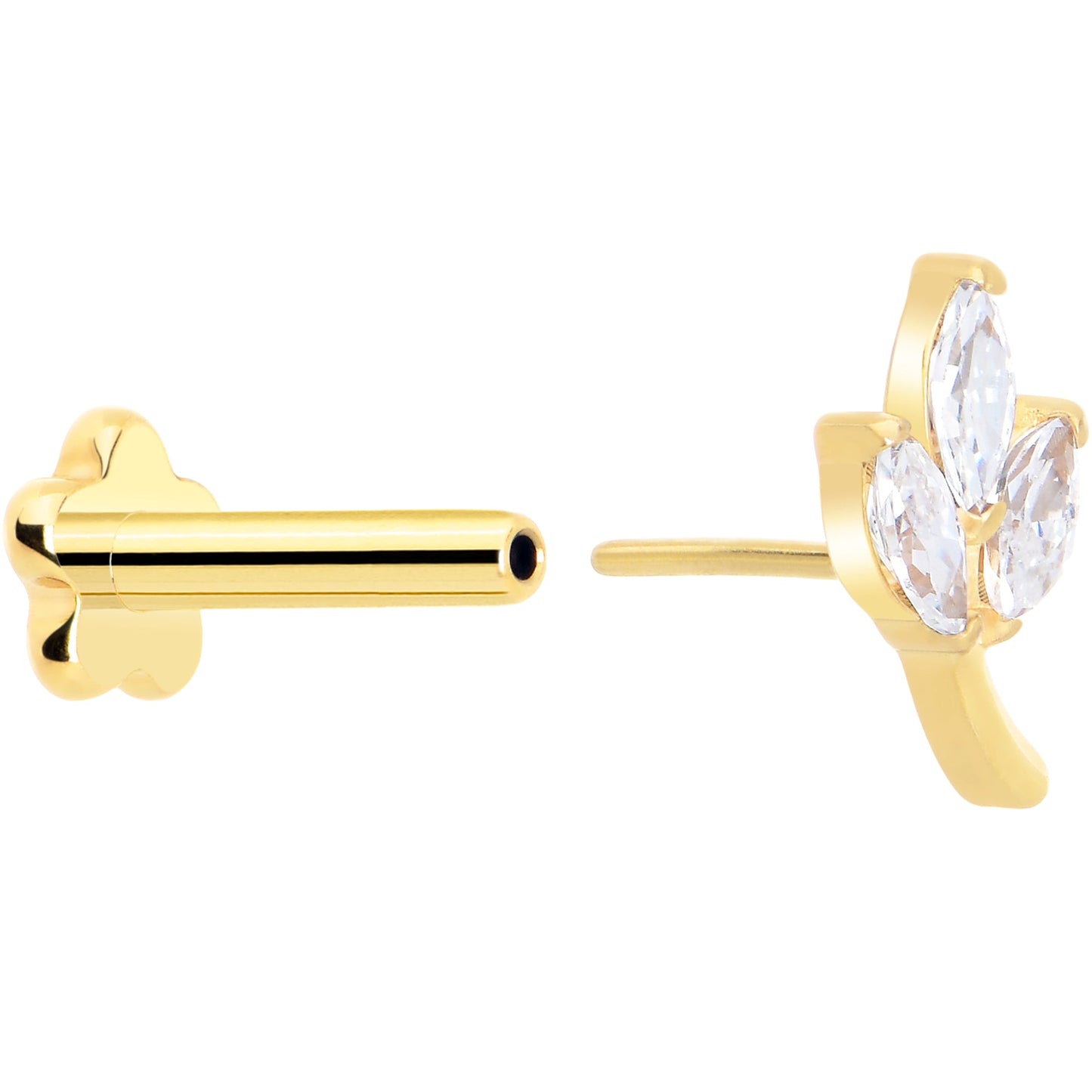 16G 1/4 CZ Gem Leaves Gold PVD Medical Grade Titanium Reversible Flat Back Earring