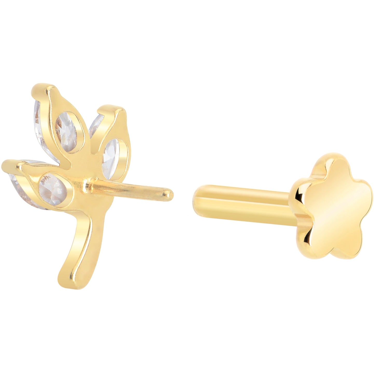 16G 1/4 CZ Gem Leaves Gold PVD Medical Grade Titanium Reversible Flat Back Earring