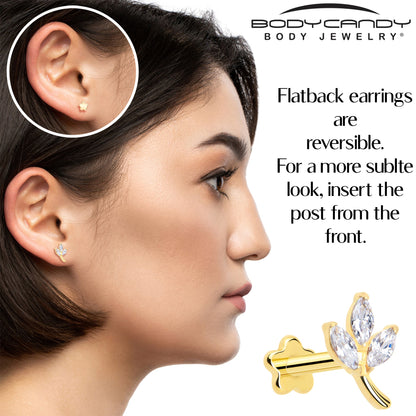 16G 1/4 CZ Gem Leaves Gold PVD Medical Grade Titanium Reversible Flat Back Earring
