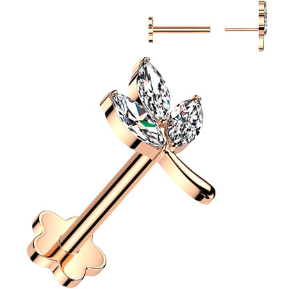 16G 1/4 CZ Gem Leaves Rose Gold PVD Medical Grade Titanium Reversible Flat Back Earring
