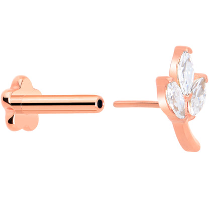 16G 1/4 CZ Gem Leaves Rose Gold PVD Medical Grade Titanium Reversible Flat Back Earring