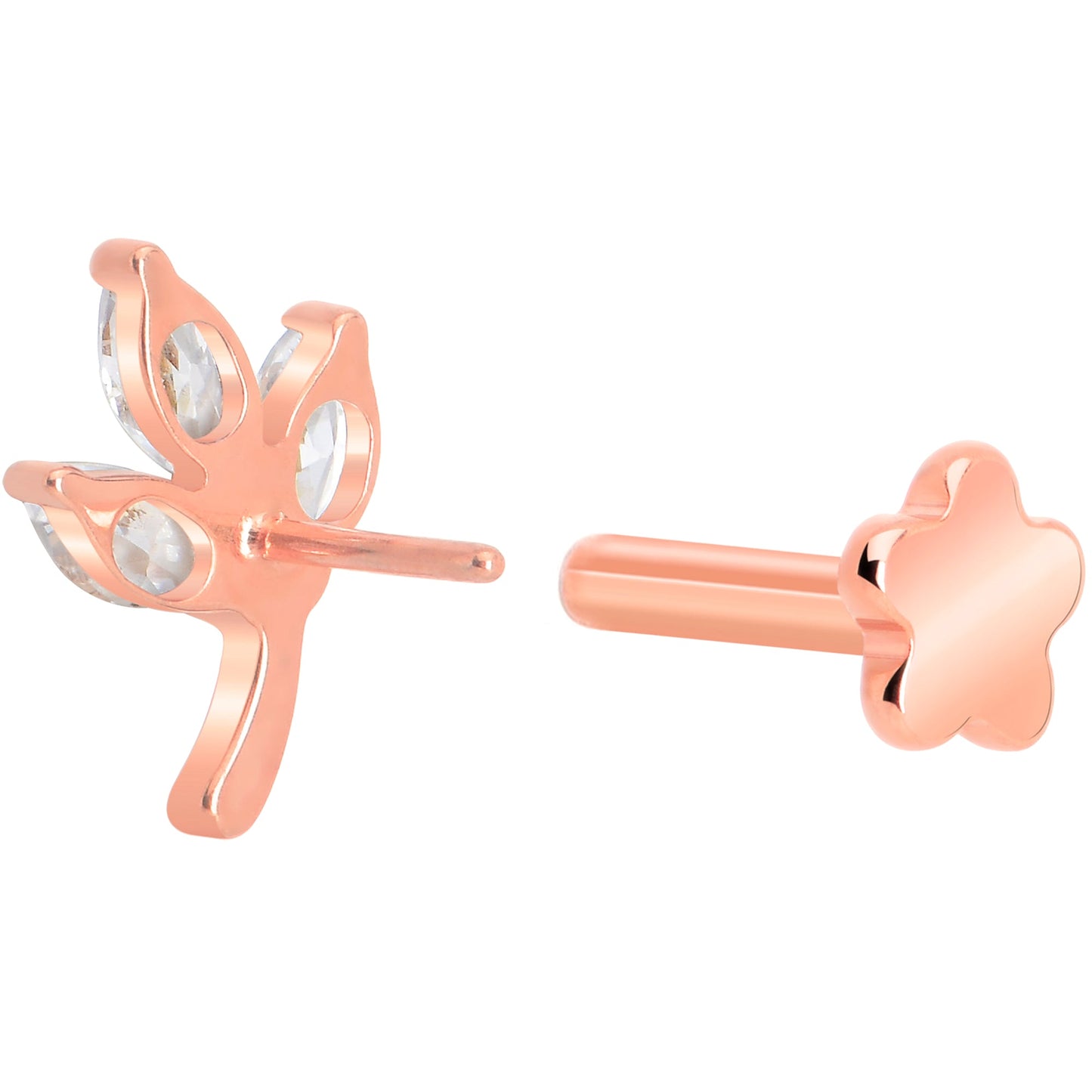 16G 1/4 CZ Gem Leaves Rose Gold PVD Medical Grade Titanium Reversible Flat Back Earring