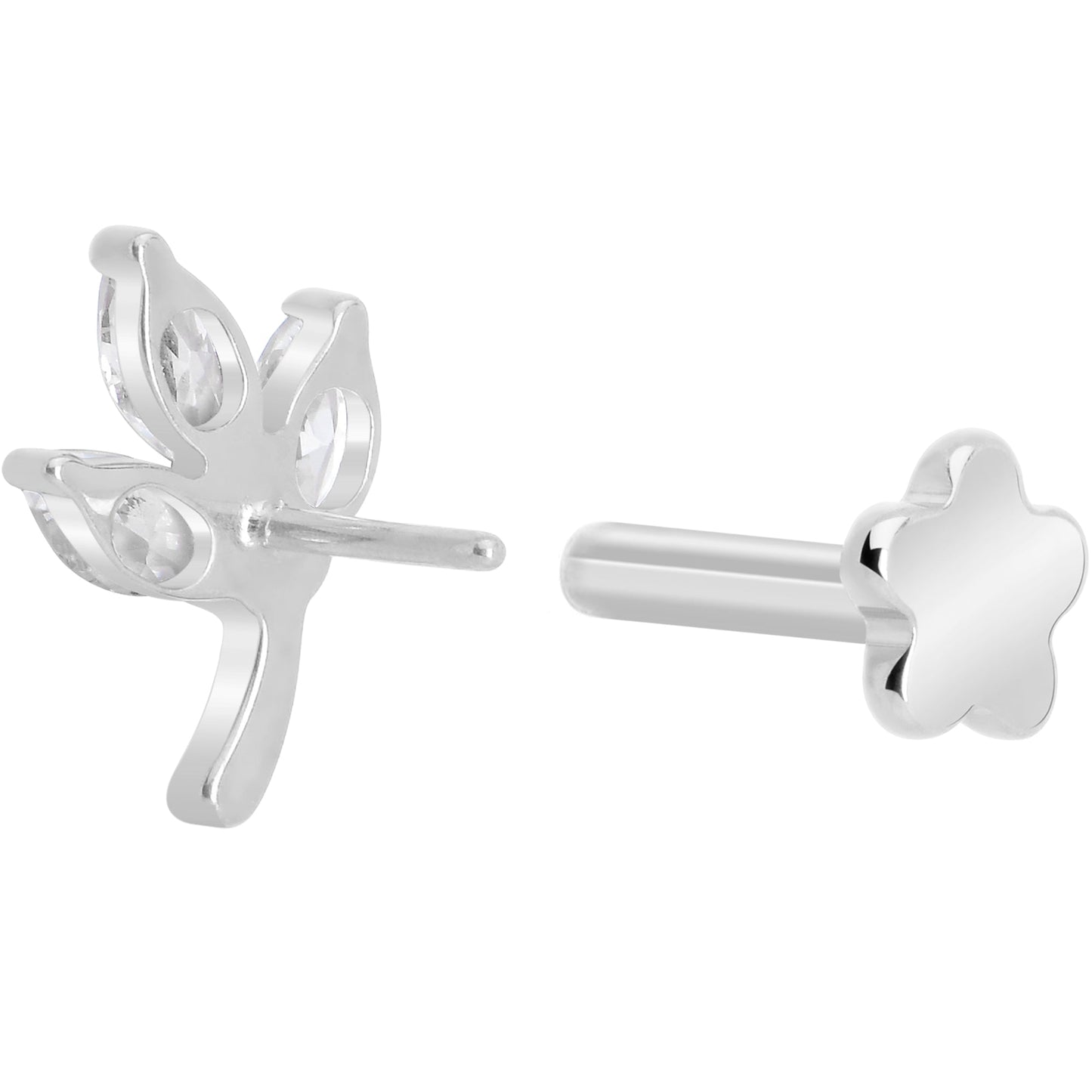 16G 1/4 CZ Gem Leaves Medical Grade Titanium Reversible Flat Back Earring