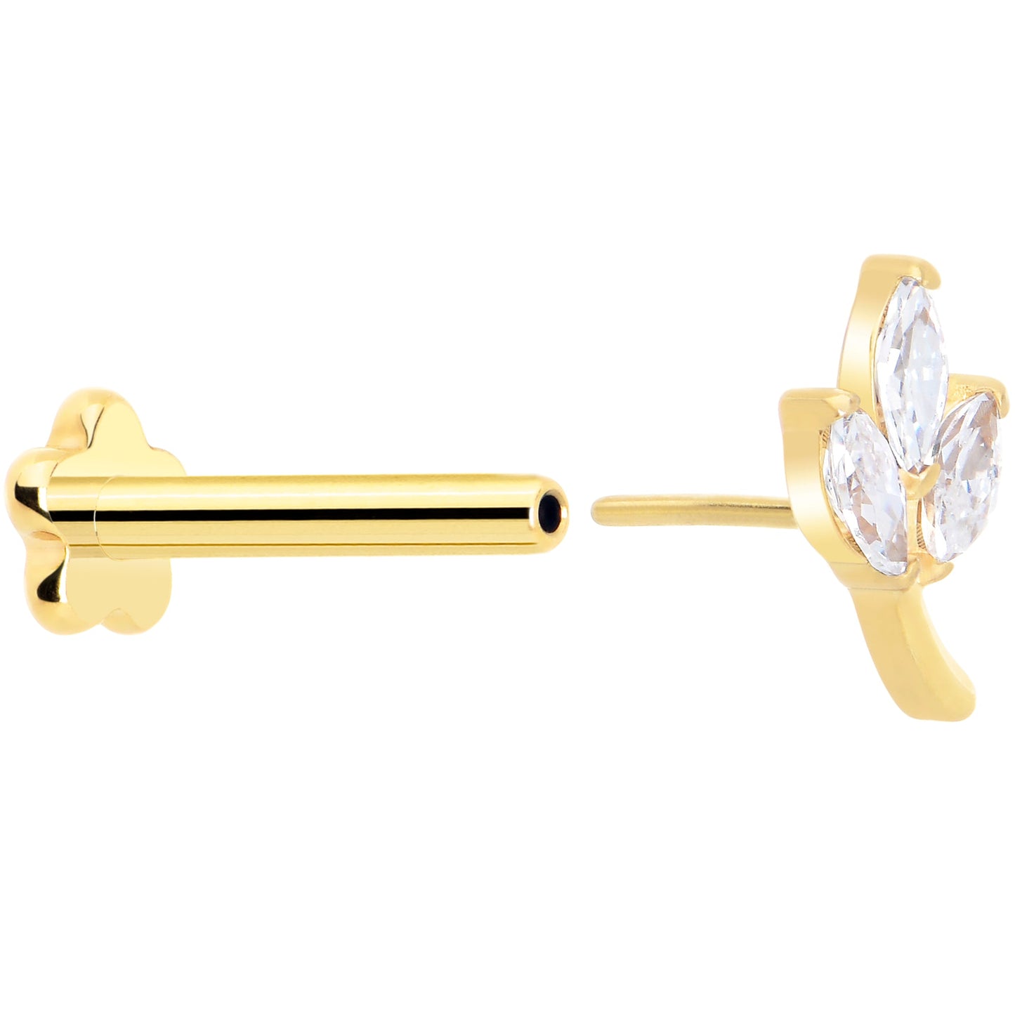 16G 5/16 CZ Gem Leaves Gold PVD Medical Grade Titanium Reversible Flat Back Earring