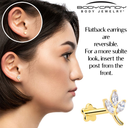 16G 5/16 CZ Gem Leaves Gold PVD Medical Grade Titanium Reversible Flat Back Earring