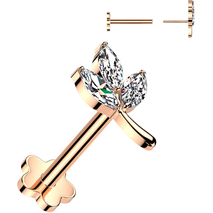16G 5/16 CZ Gem Leaves Rose Gold PVD Medical Grade Titanium Reversible Flat Back Earring