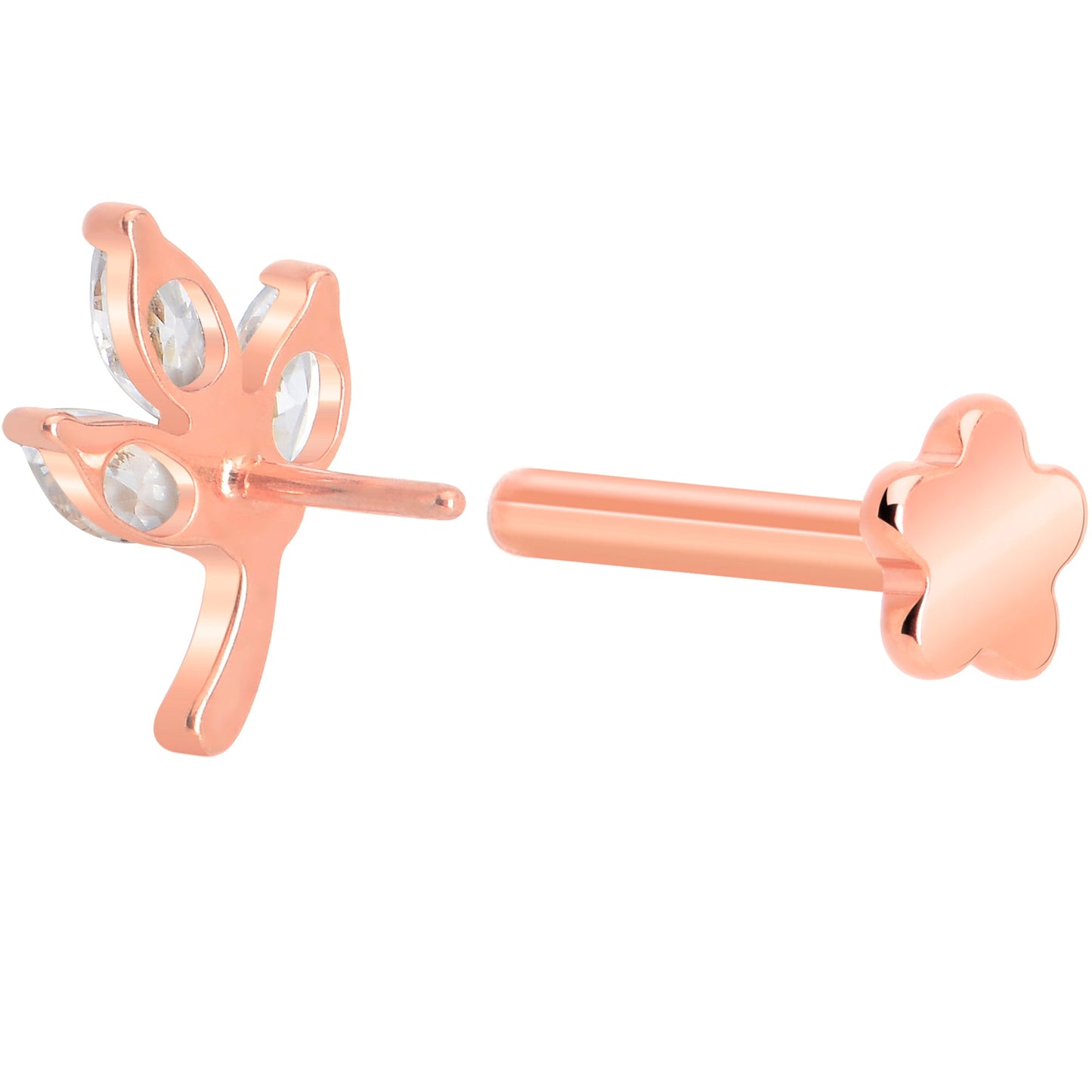 16G 5/16 CZ Gem Leaves Rose Gold PVD Medical Grade Titanium Reversible Flat Back Earring