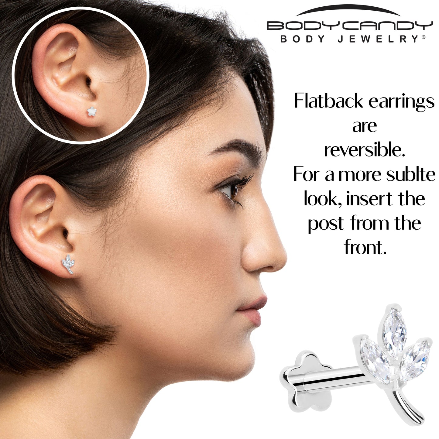 16G 5/16 CZ Gem Leaves Medical Grade Titanium Reversible Flat Back Earring