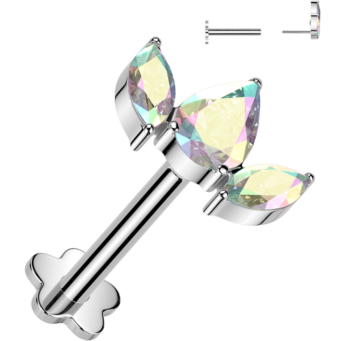 16G 5/16 Aurora CZ Gem Oval Trio Medical Grade Titanium Reversible Flat Back Earring