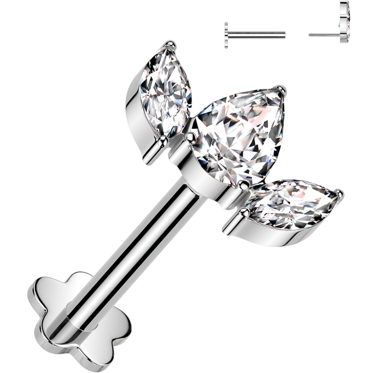 16G 5/16 Clear CZ Gem Oval Trio Medical Grade Titanium Reversible Flat Back Earring