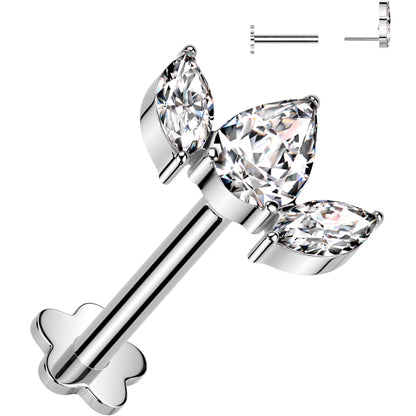 16G 5/16 Clear CZ Gem Oval Trio Medical Grade Titanium Reversible Flat Back Earring