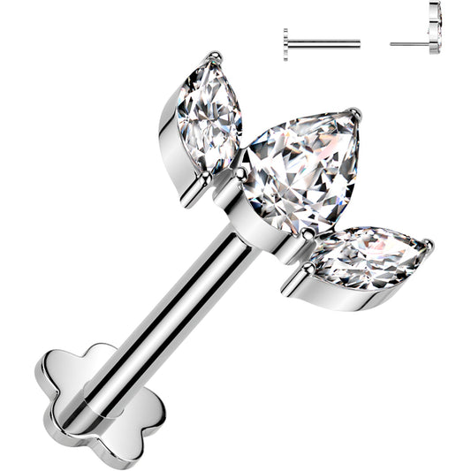 16G 5/16 Clear CZ Gem Oval Trio Medical Grade Titanium Reversible Flat Back Earring