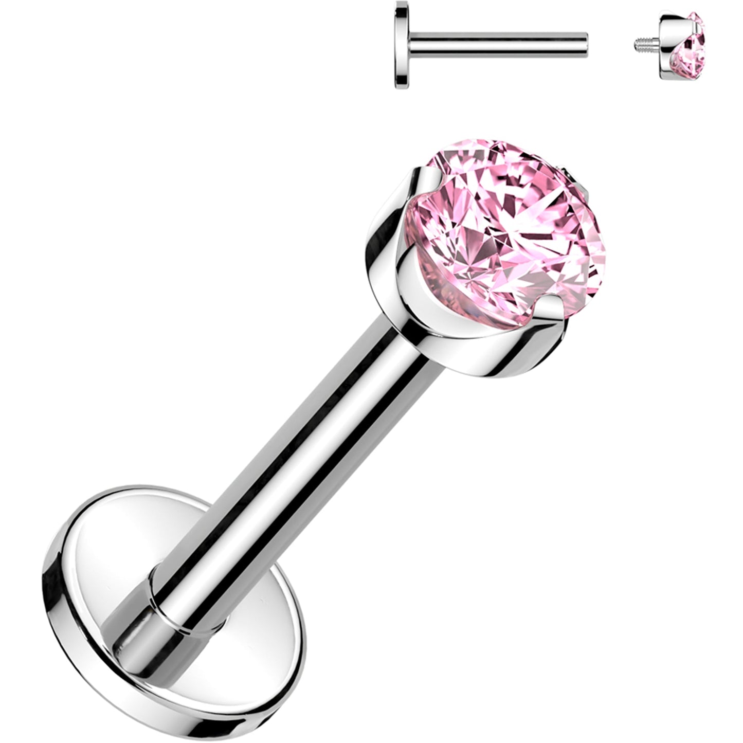 16G 1/4 3mm Pink CZ Round Medical Grade Titanium Flat Back Earring