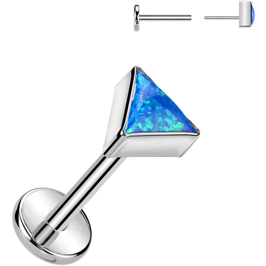 18G 5/16 Blue Synthetic Opal Triangle Medical Grade Titanium Flat Back Earring