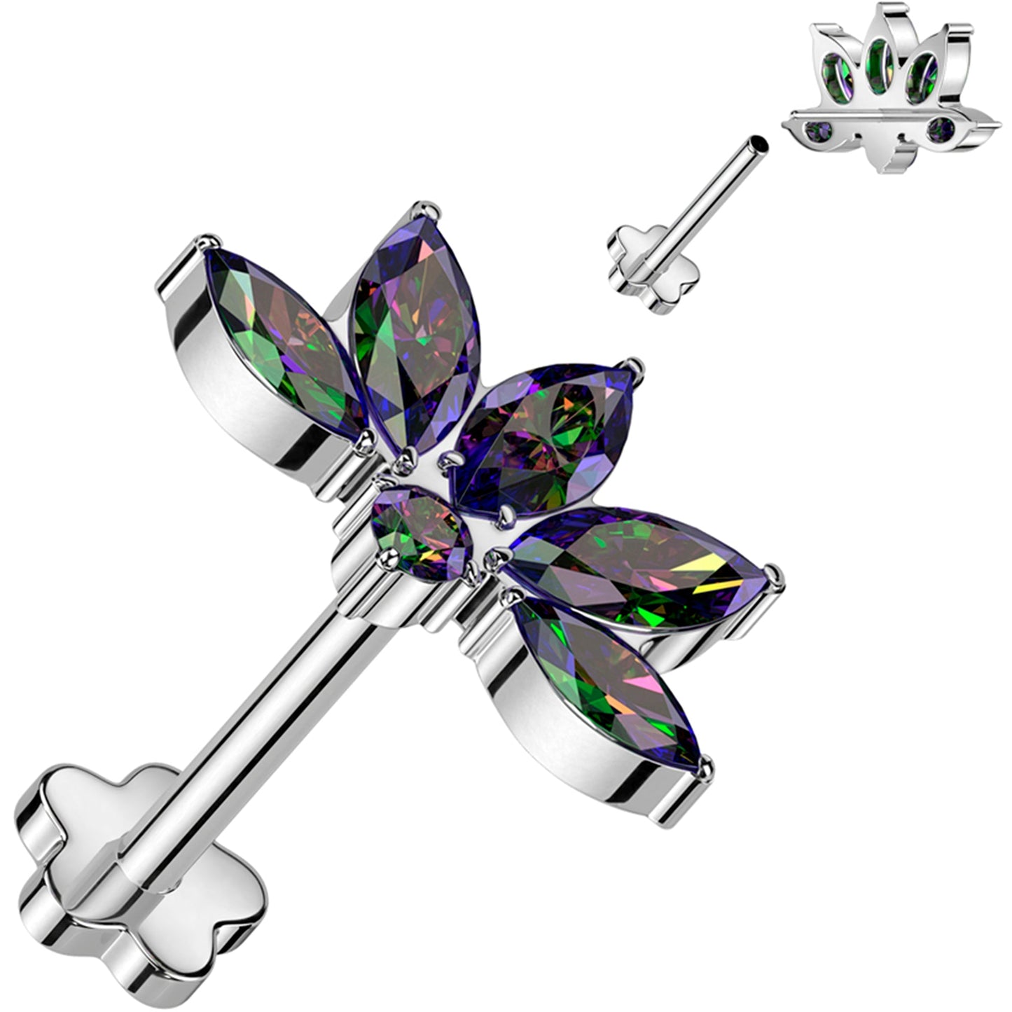 18G 5/16 Vitrail CZ Gem Style Fan Medical Grade Titanium Reversible Flat Back Earring