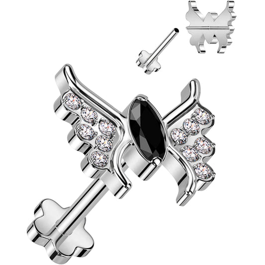 18G 5/16 Black CZ Gem Butterfly Medical Grade Titanium Reversible Flat Back Earring