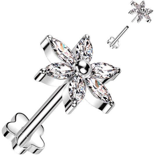18G 5/16 Clear CZ Gem Style Flower Medical Grade Titanium Reversible Flat Back Earring